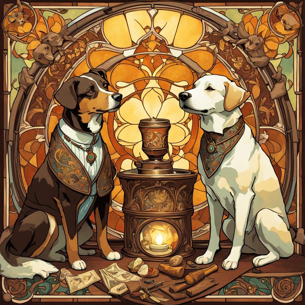 Dogs Trading Goods in Alphonse Mucha Style