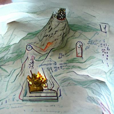 Hand-Drawn Map of Mountain with Statue and Crystals