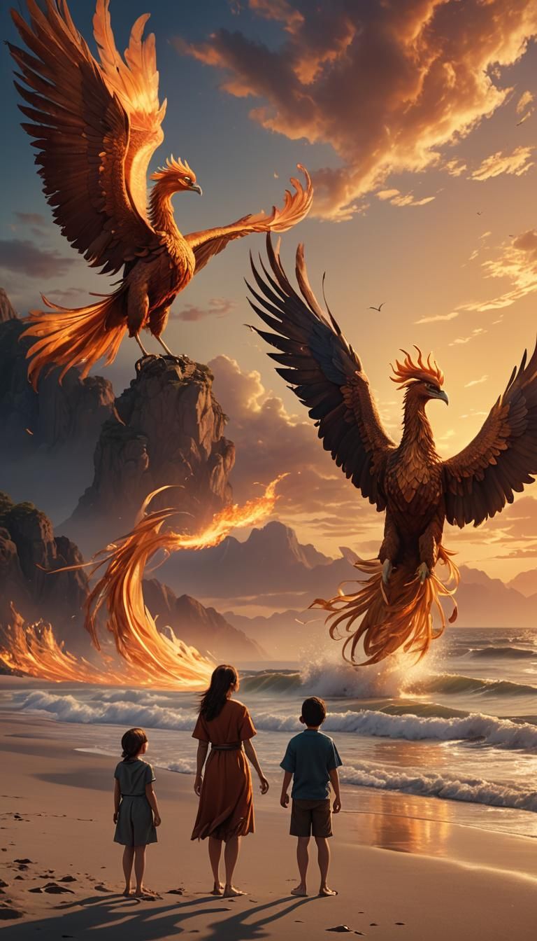 Woman and Boy Watch Phoenix: Fantasy Concept Art