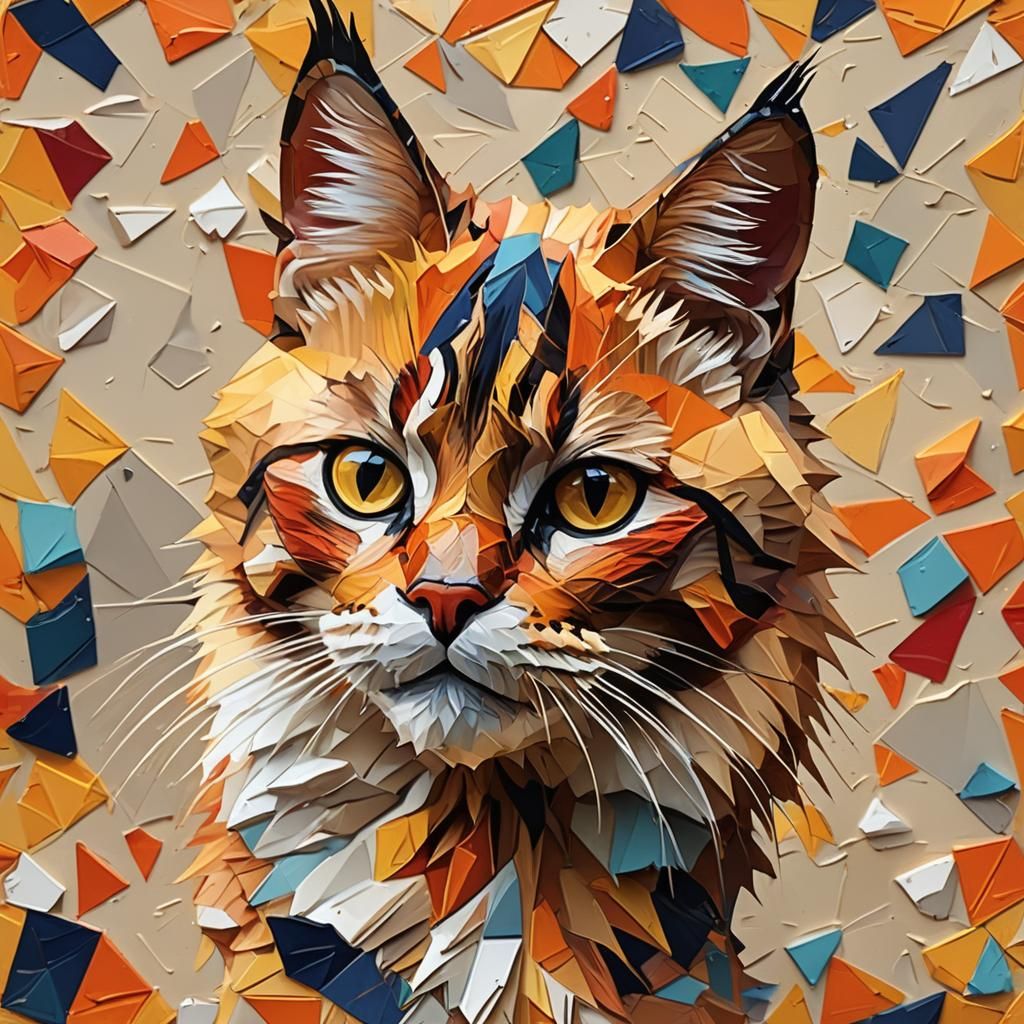 Colorful Impasto Cat in Low-Poly Style