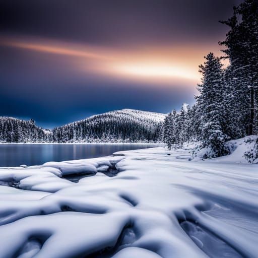 Icy Lake Landscape with Pine Trees