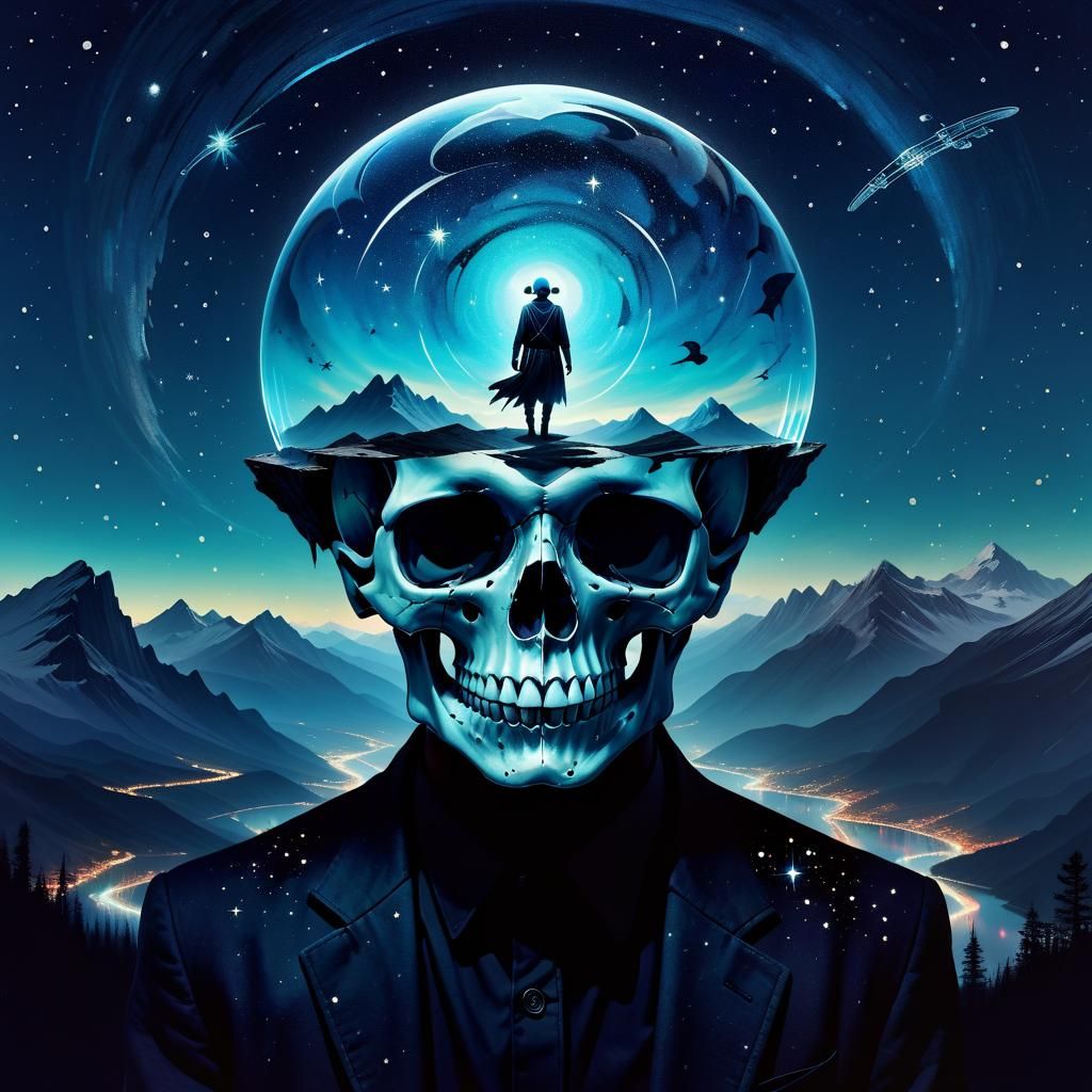 Surreal Double Exposure: Floating Skull Over Mountains