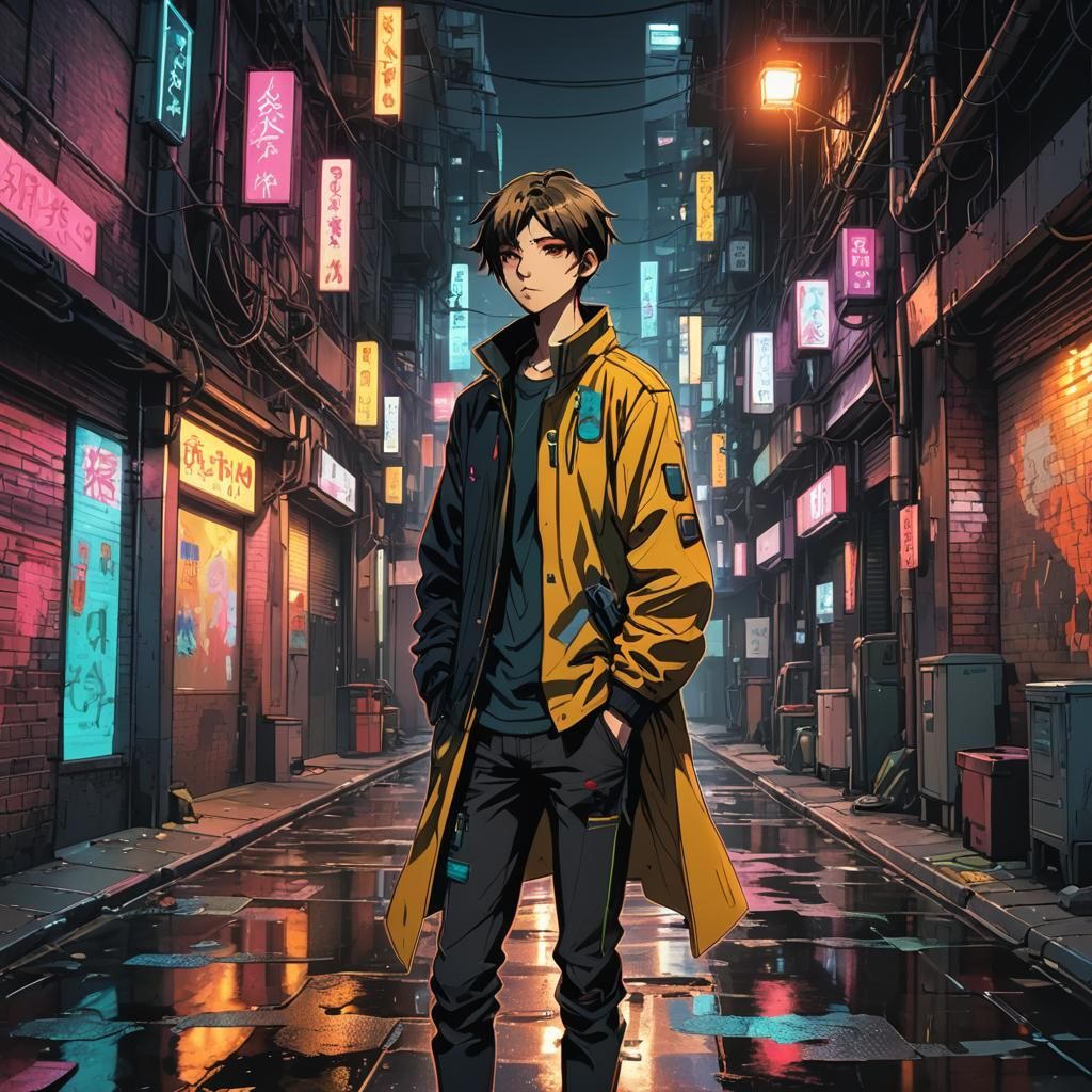 Cyberpunk Teenager in Dimly Lit Alleyway: Anime Style