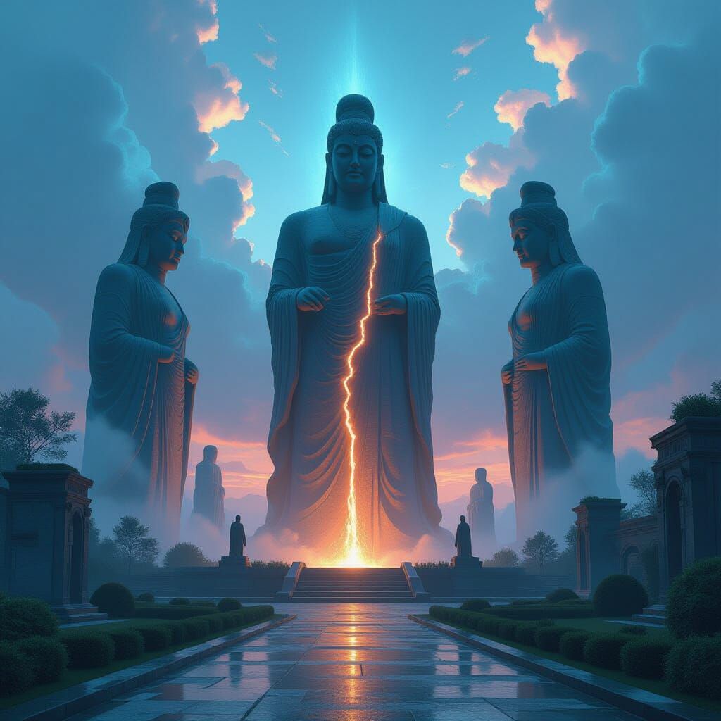 Awakening Stone Garden with Glowing Statues in Cinematic Sty...