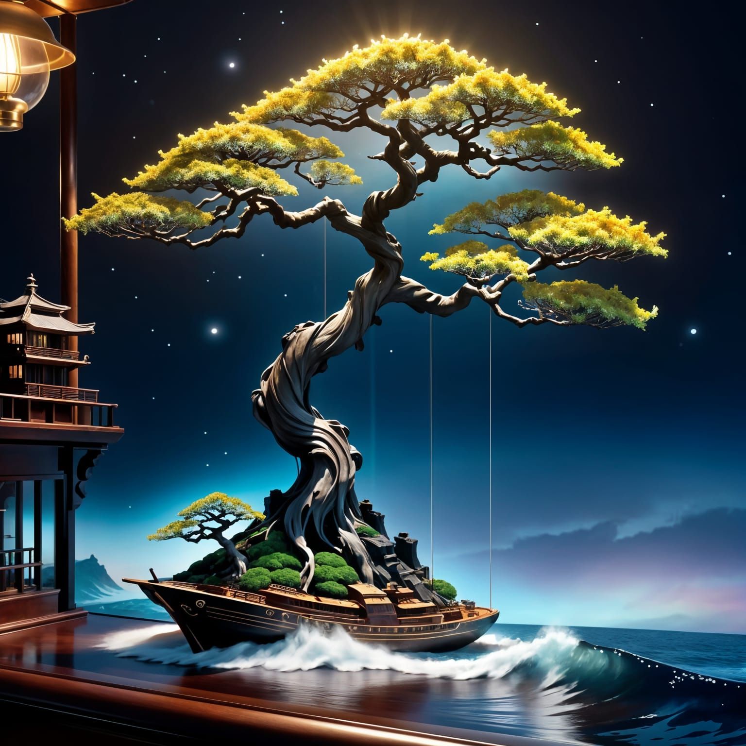 Divine Bonsai Tree on Ghost Ship Illustration