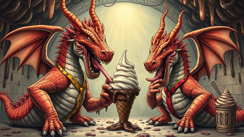 Dragons Devouring Ice Cream in Dystopian Parlor