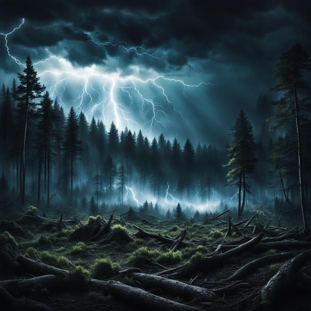 Dramatic Lightning Storm Over Dark Forest