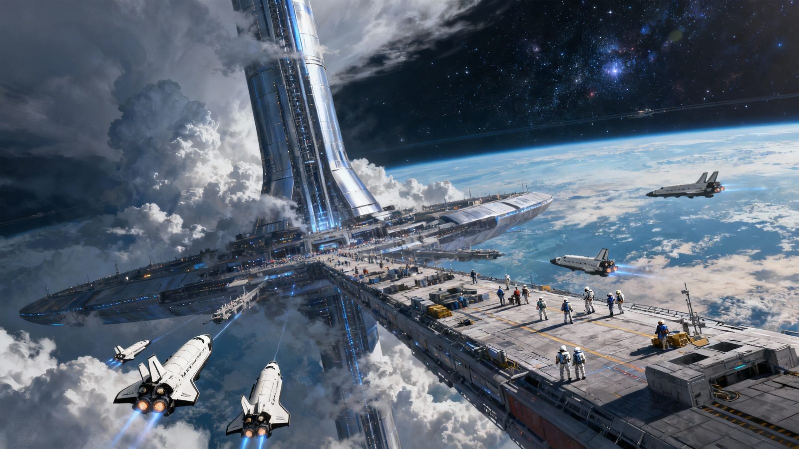Futuristic Space Elevator Ascending to Orbit