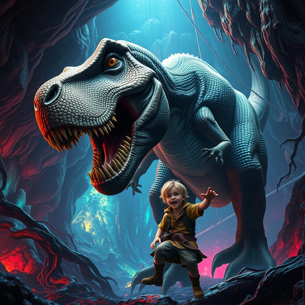 Colossal Tyrannosaurus Rex in Futuristic, Mythical Realm