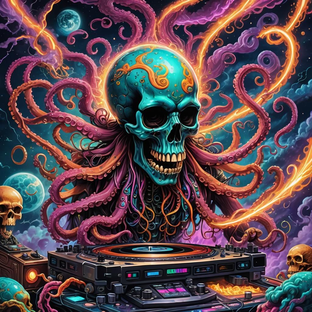 Skull Octopus DJ in Cosmic Neon Surrealism