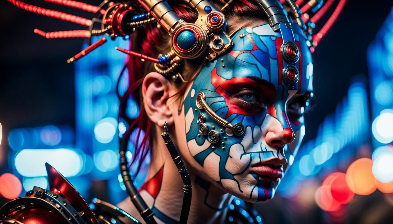 Gros plan sur le visage d'une femme cyborg, de profil, regar...