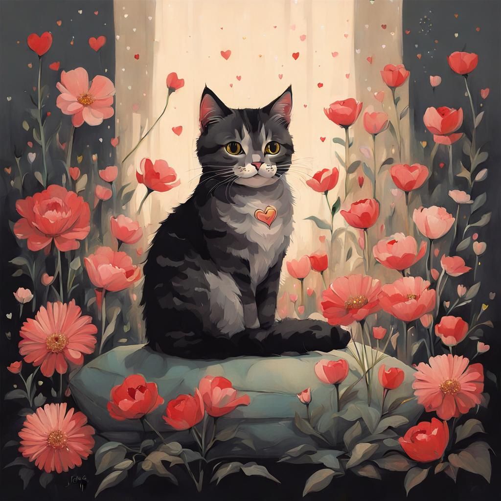 Cat with Flowers and Heart Lights