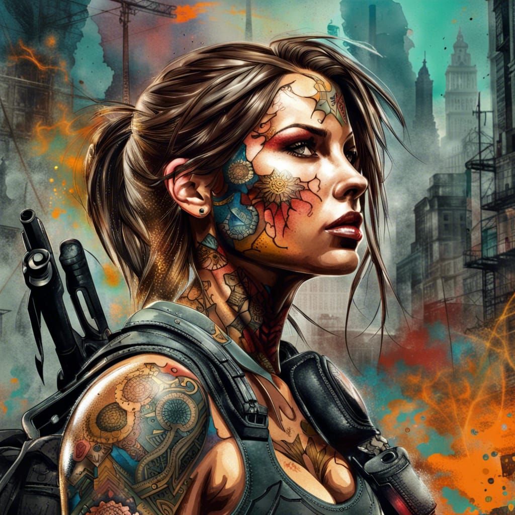 Lara Croft in City: Abstract Art with Fine Details