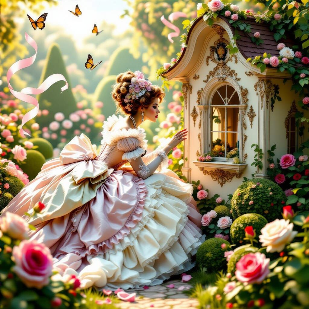 Giant Woman in Rococo Gown with Tiny House