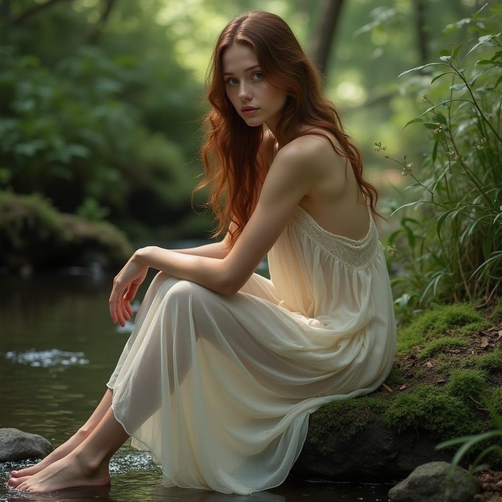 Ethereal Slavic Woman by Forest Stream