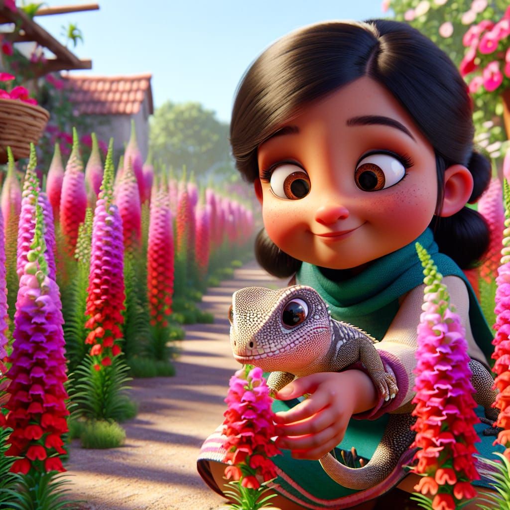 Disney Pixar style 3D adorable little girl, holding her pet bearded dragon, the lizard chewing on snapdragons, in a beau...