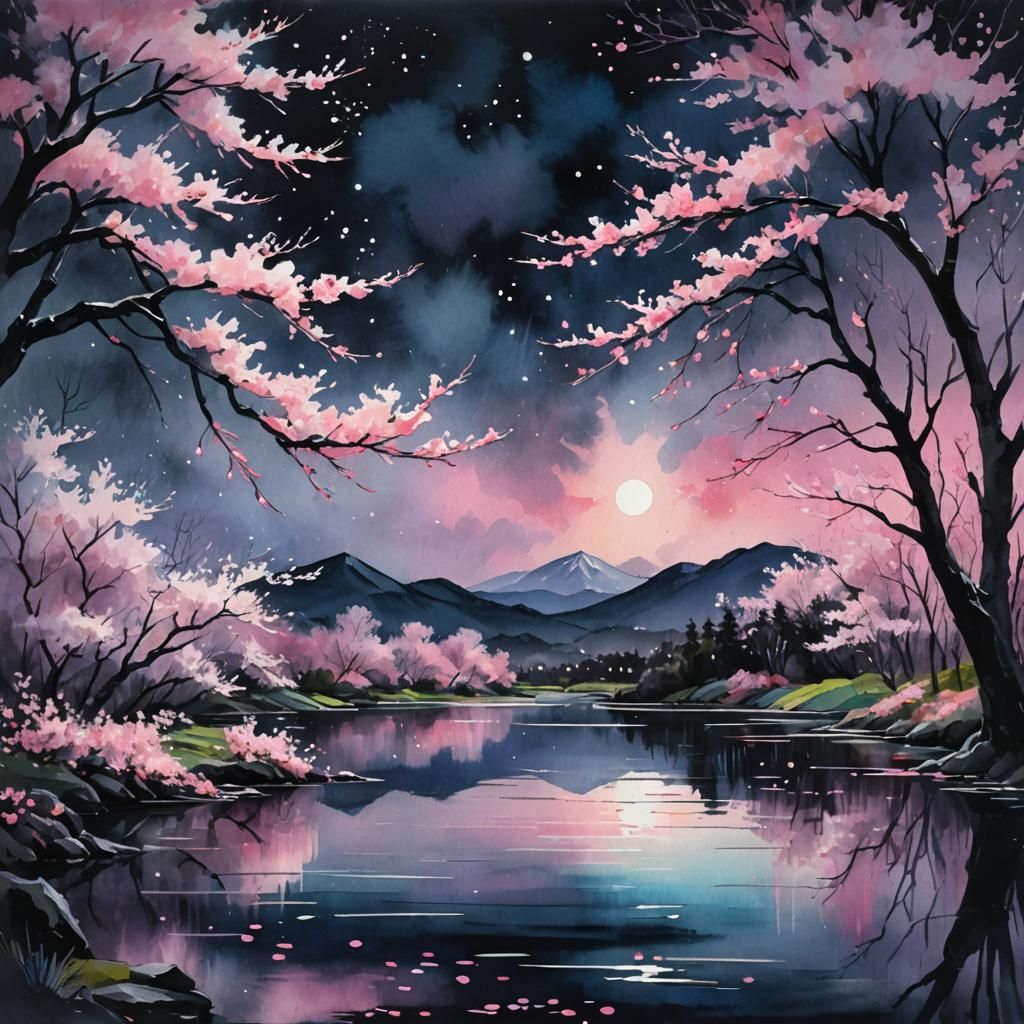 Cherry Blossom Lake with Aurora Lights, Gouache Style