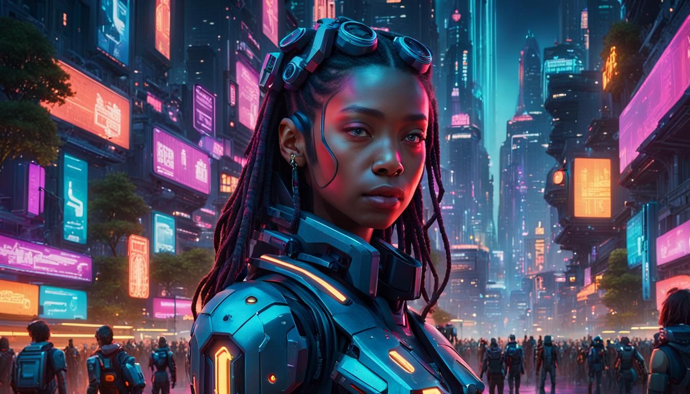 Cyberpunk Cityscape with Humanized Robots in Neon Light