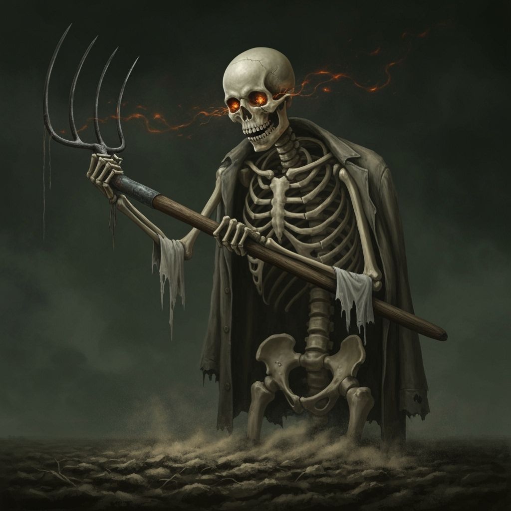 Risen Farmer Skeleton Clutching Broken Pitchfork