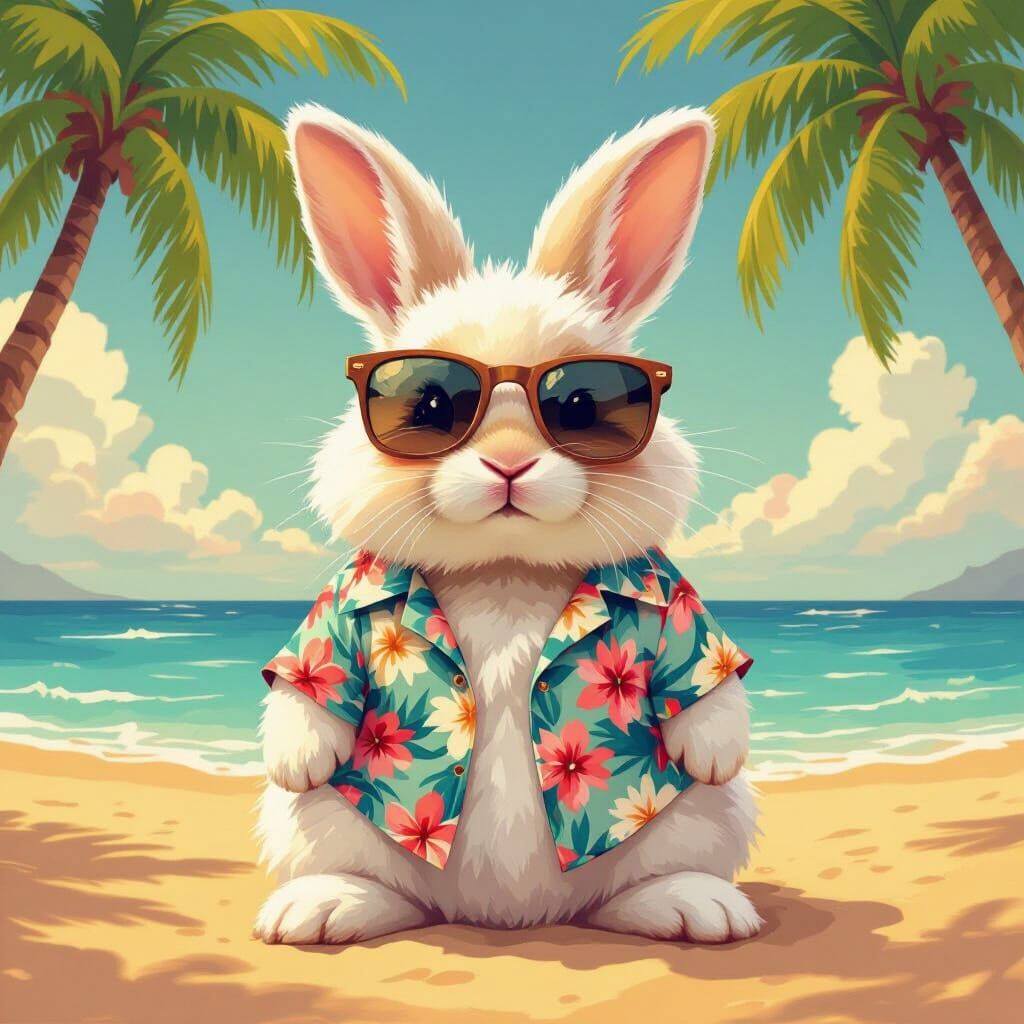Cute Rabbit on Beach in Storybook Style