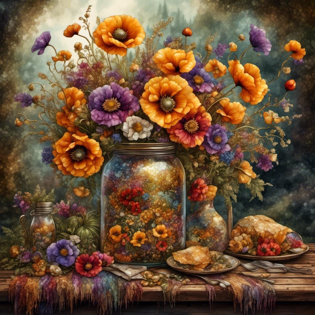 Gold Poppies Still Life as Watercolor Painting