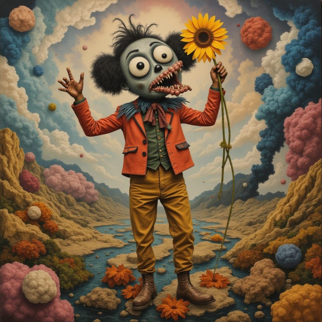 Grotesque Clown with Sunflower in Abstract Landscape