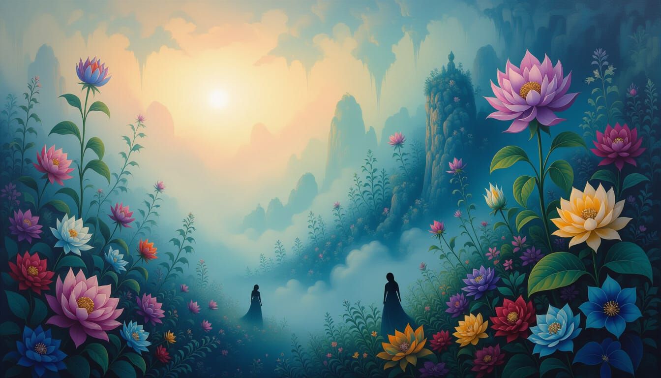 Surreal Enchanted Landscape with Whimsical Creatures and Flo...