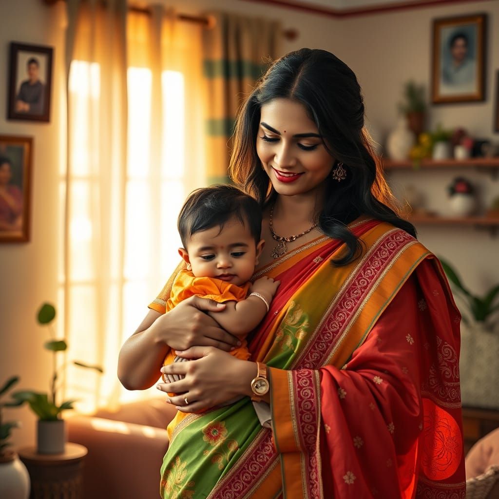 Loving Indian Mother and Child in Sunlit Home