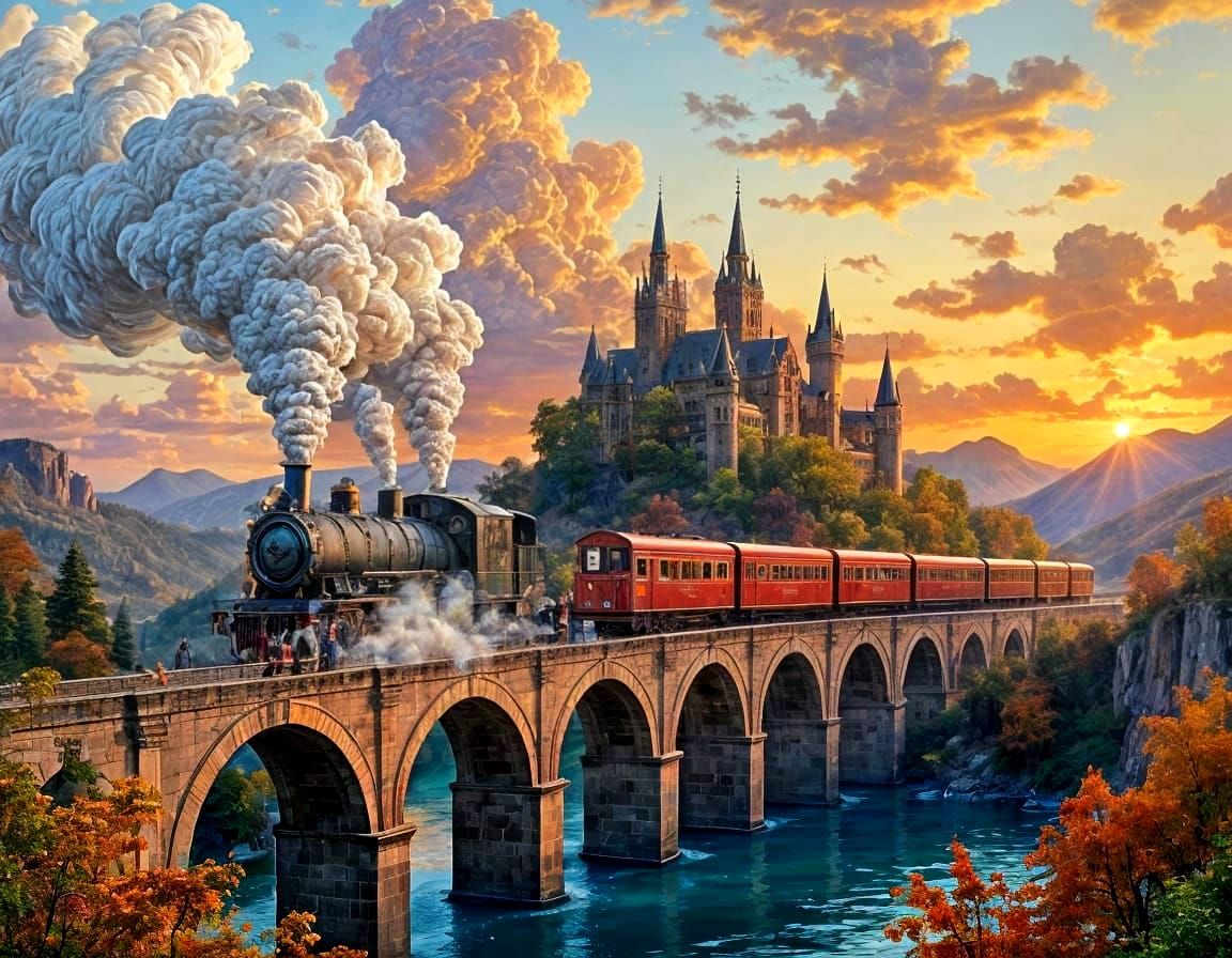 Vintage Train Crossing Viaduct at Sunset