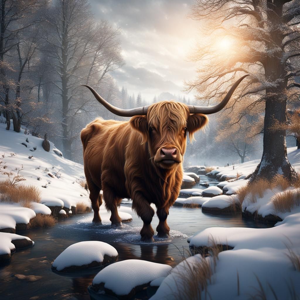 West Highland Cow in Snowy Landscape