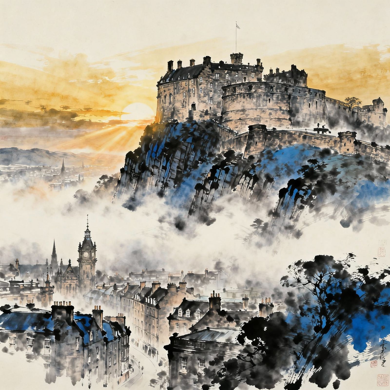 Edinburgh Castle at Dawn in Misty Watercolor Style