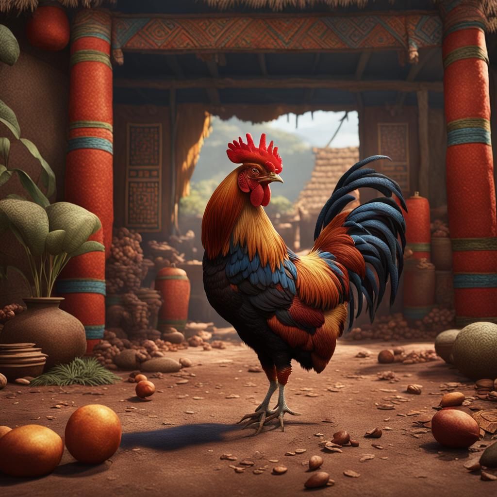 African Child and Rooster in Traditional Setting