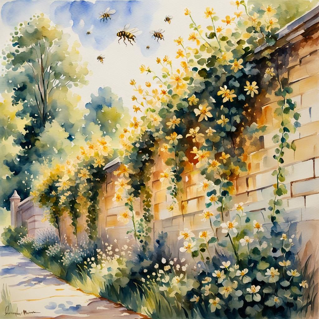 Honey Suckle and Bees in Impressionist Watercolor