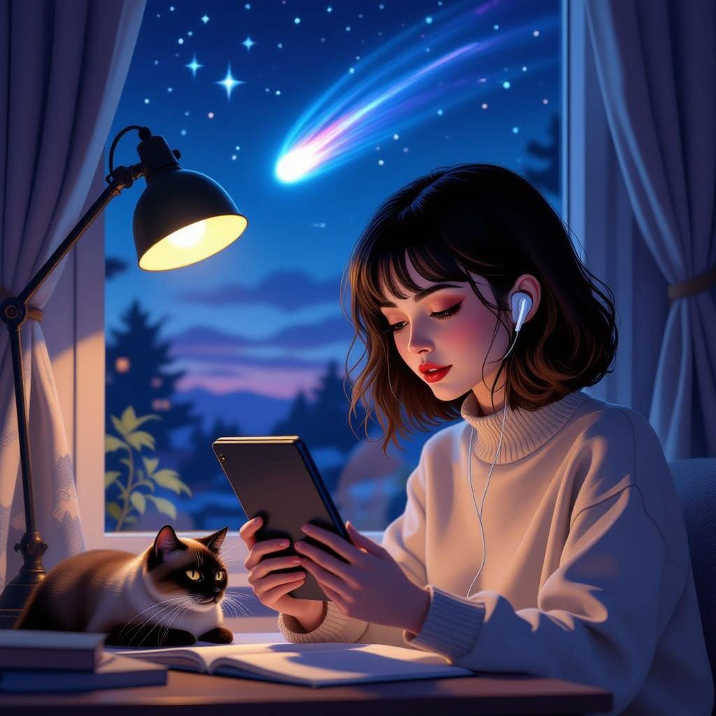 Lofi Girl Reading iPad with Siamese Cat Under Comet Sky