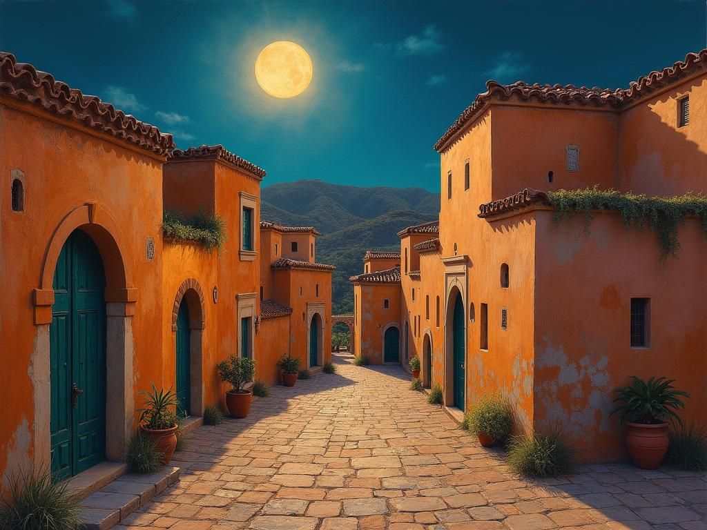 Moroccan Village Bathed in Moonlight, Expressive Landscape
