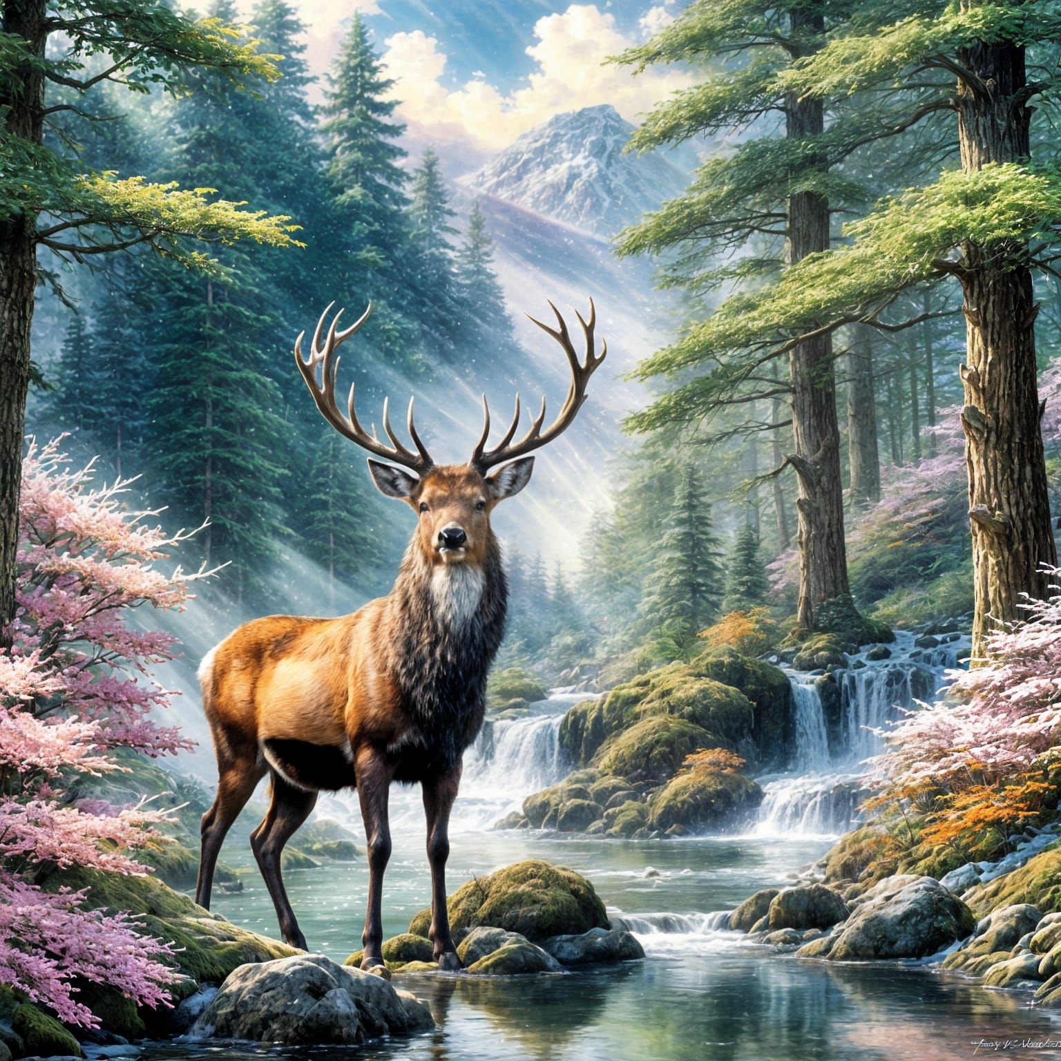 Proud Stag in Snowy Forest Watercolor Artwork