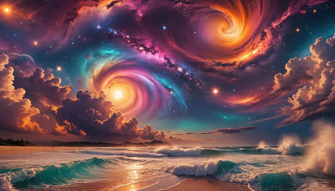 Cosmic Tropical Beach Sunset with Galactic Spark