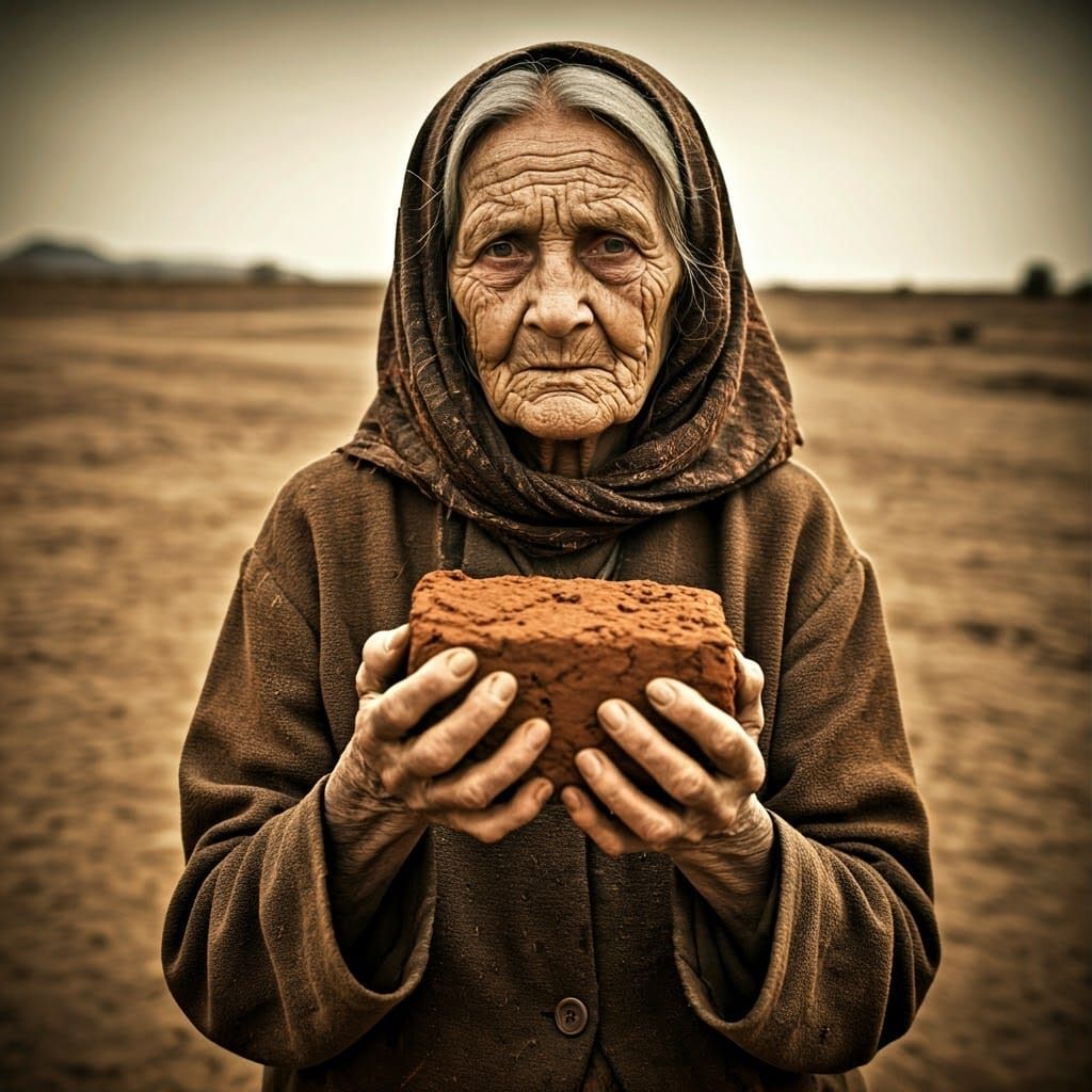Frail Elderly Woman Holds Weathered Brick in Desolate Landsc...