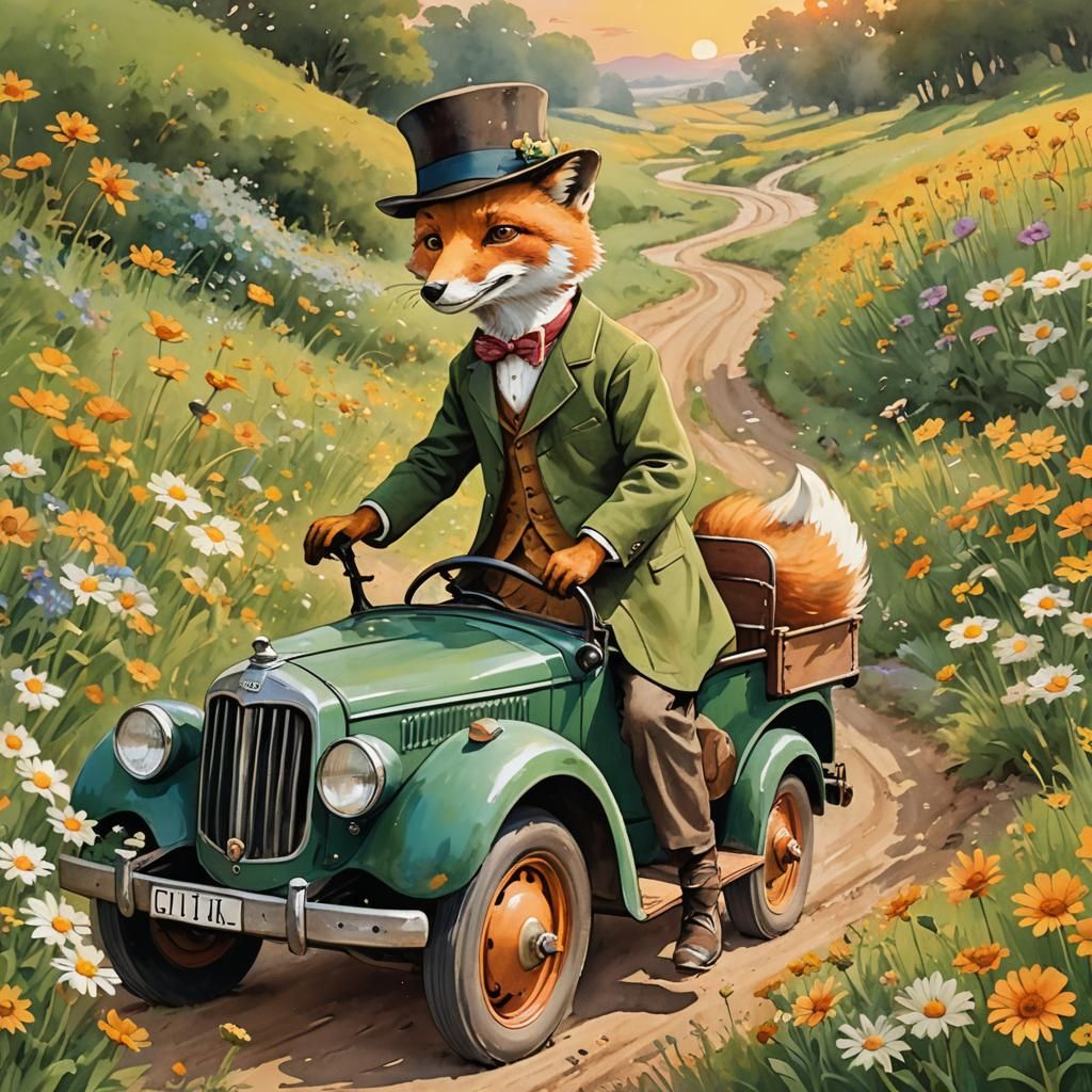 Fox in Bowler Hat Drives Daisy Field Truck