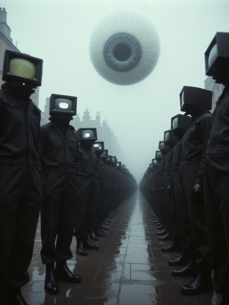 1970s English Street with TV-Headed Figures and Giant Eyebal...