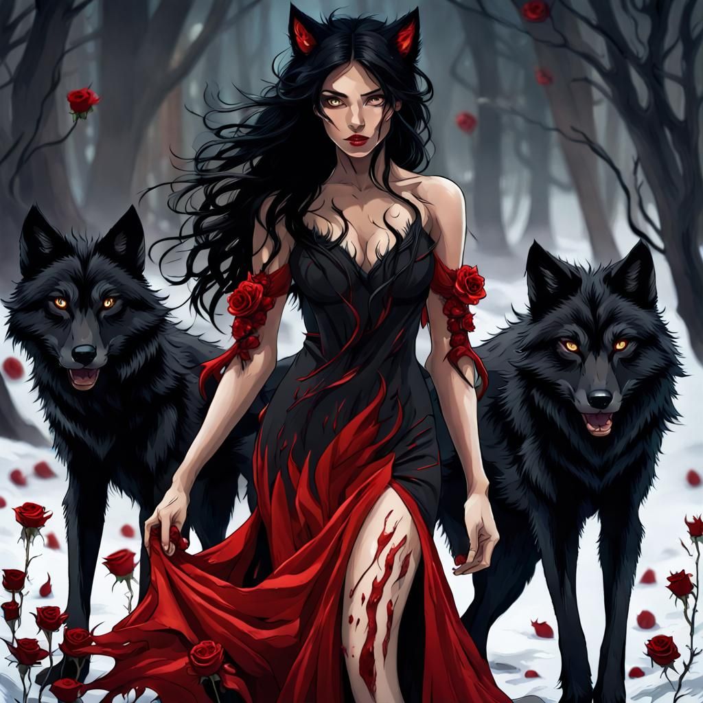 Fiery Wolf Woman with Roses