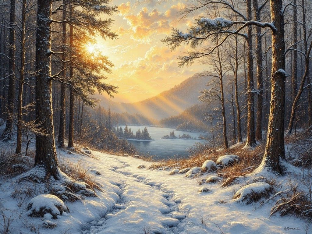 Ethereal Winter Forest Trail with Golden Sky