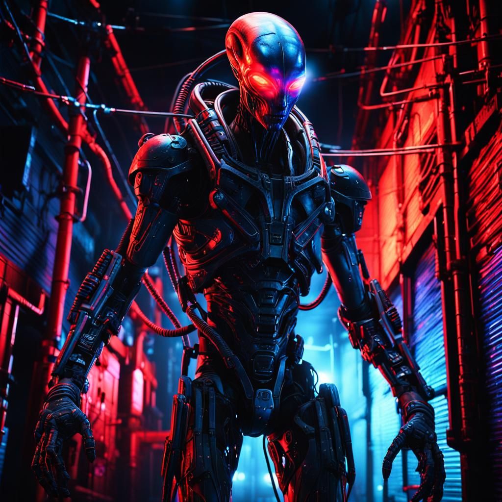Cyberpunk Alien in Dark Industrial Alley