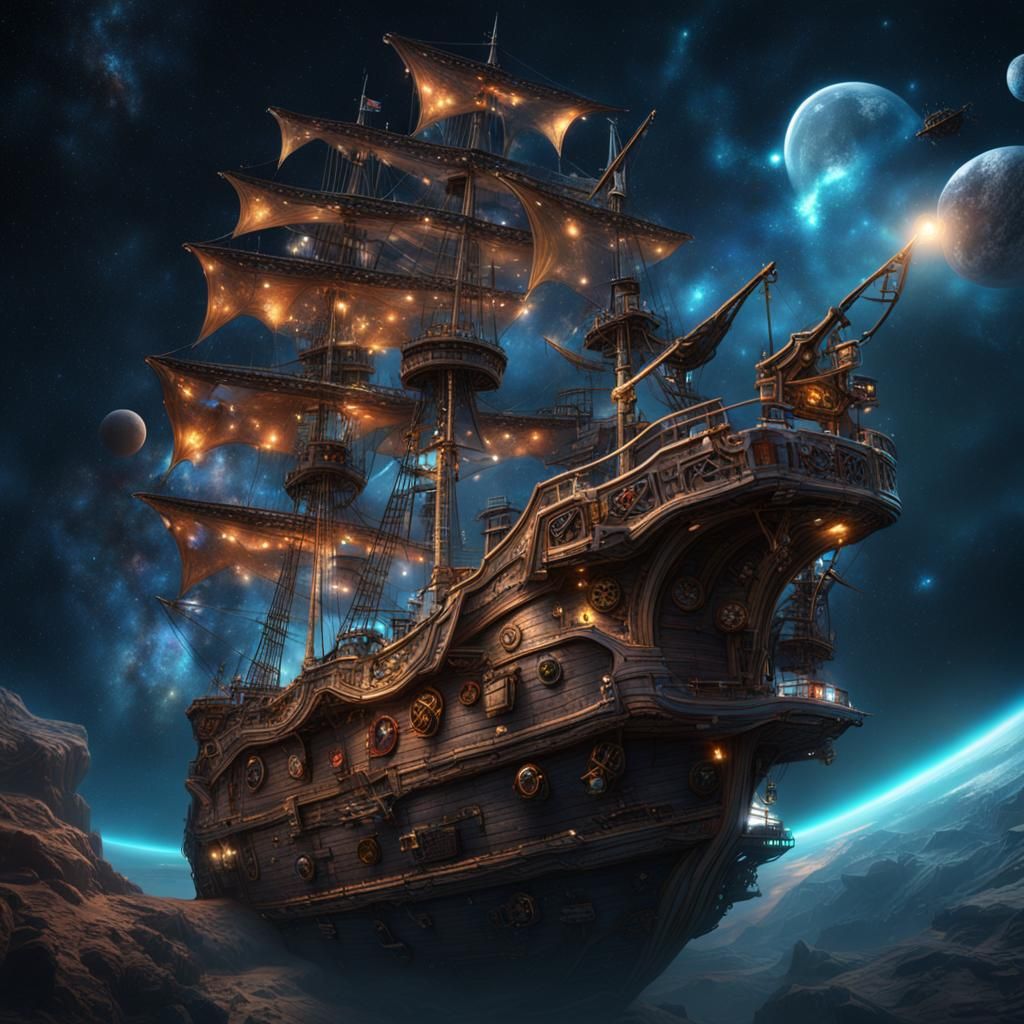 Fantastical Pirate Ship Floating in Space