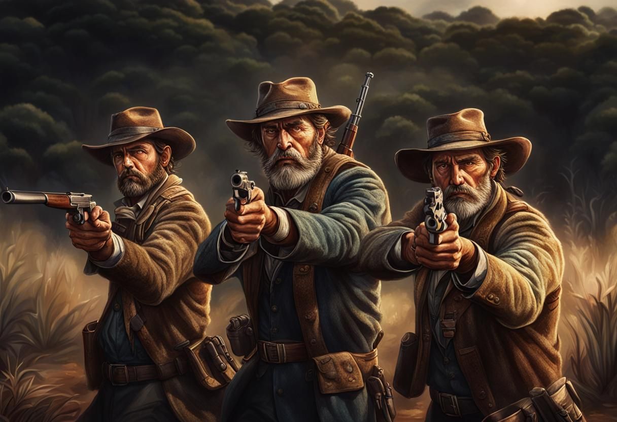 Bushrangers Aiming Guns: Hyperrealistic Australian Bush Scen...