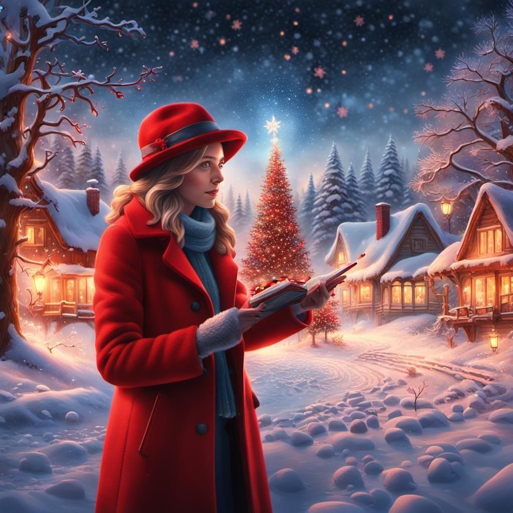 Winter Wonderland of Red Christmas Stars and Roses in Snowy...