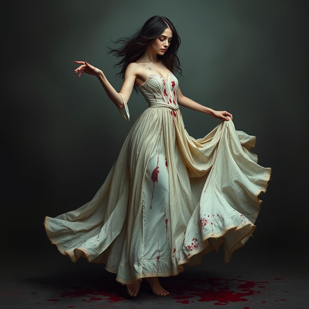 Ethereal Woman Dancing in Bloodstained Gown