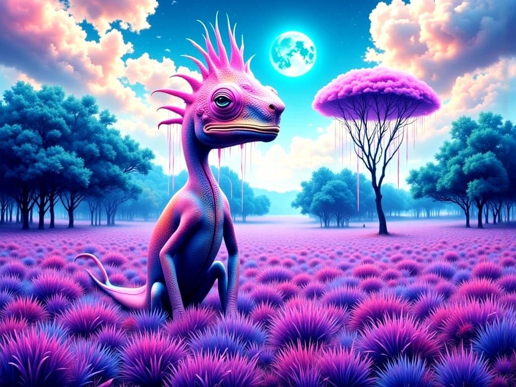 Chameleon Flamingo Hybrid in Surreal Landscape