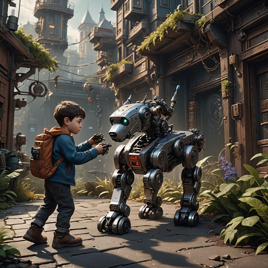 Boy and Robot Dog: Detailed Fantasy Concept Art