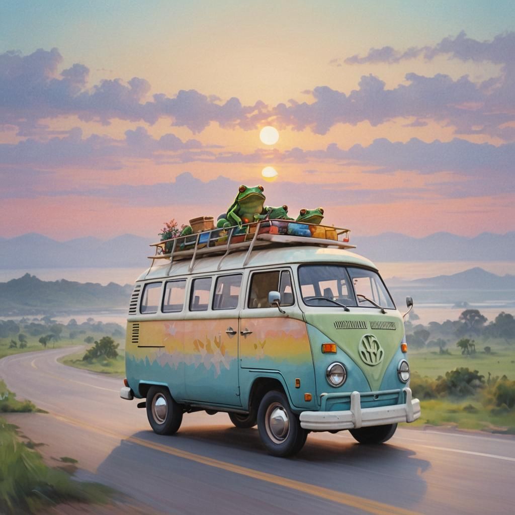 Frog Drives Hippie Van at Sunrise